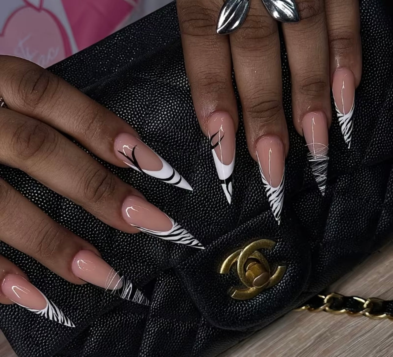Zebra Noir French Stiletto – Handmade Acrylic Nails