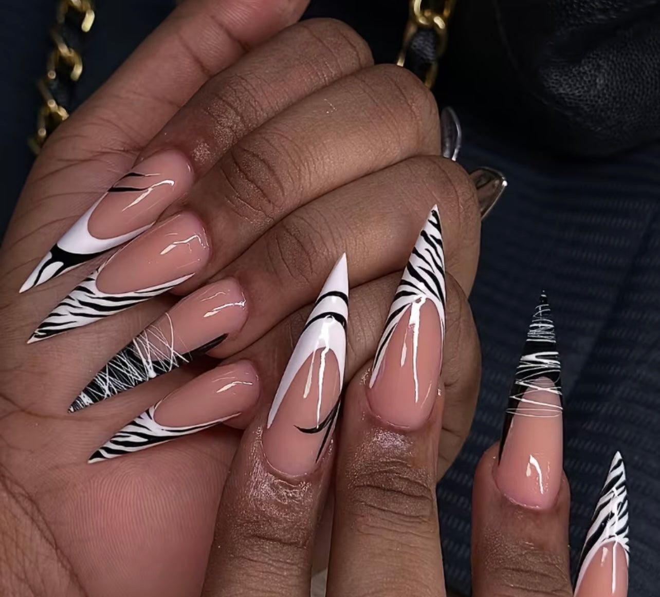 Zebra Noir French Stiletto – Handmade Acrylic Nails