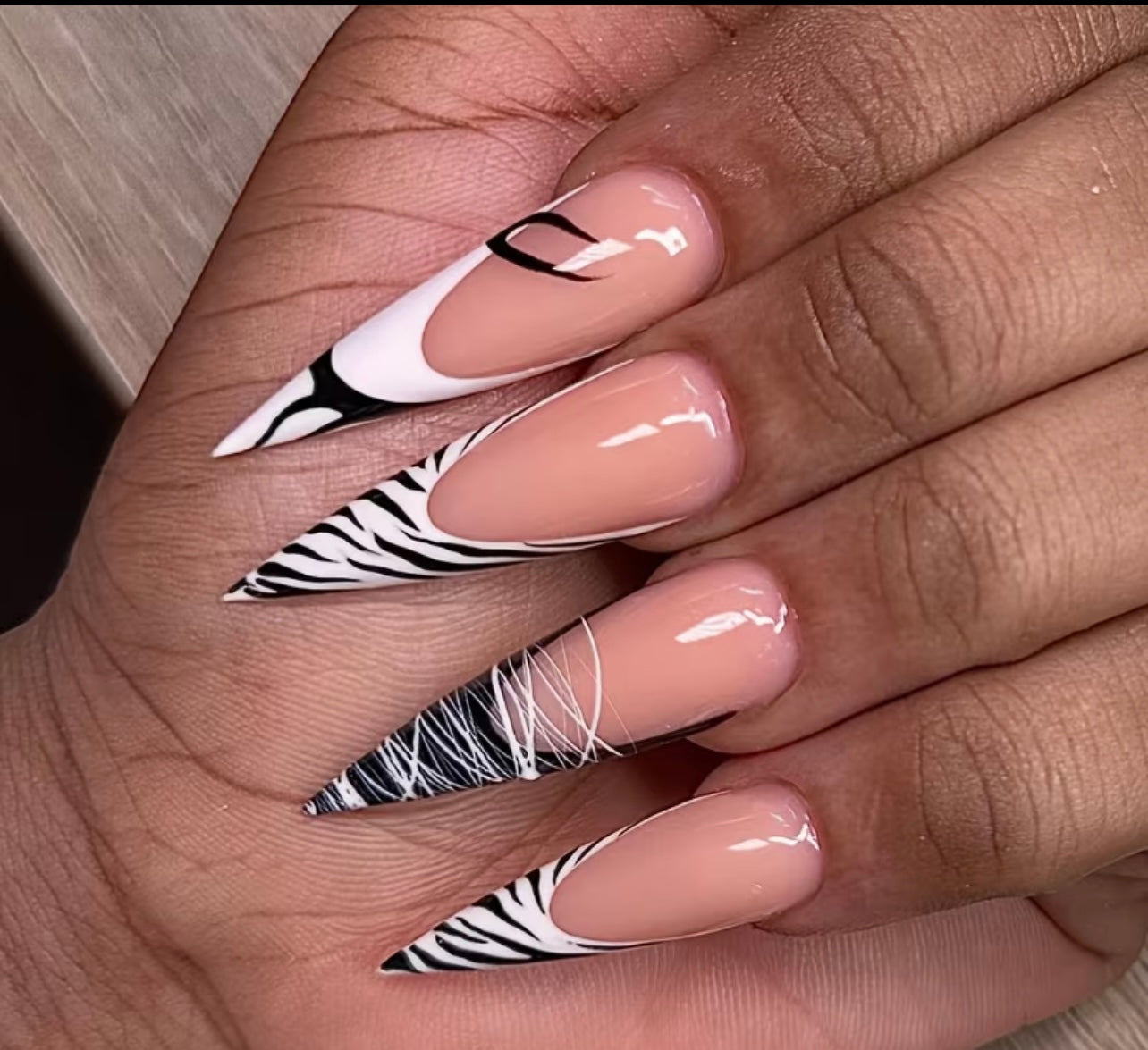 Zebra Noir French Stiletto – Handmade Acrylic Nails