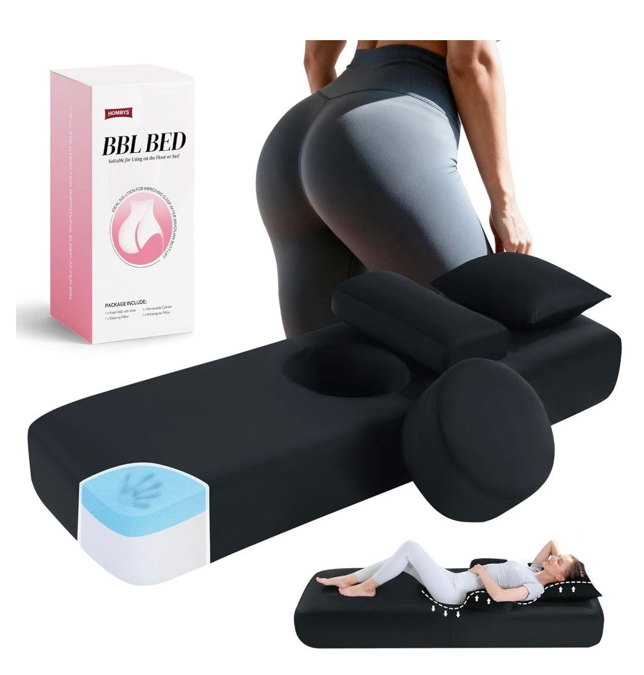 Premium Memory Foam BBL Recovery Bed Set – Headrest & Lumbar Support